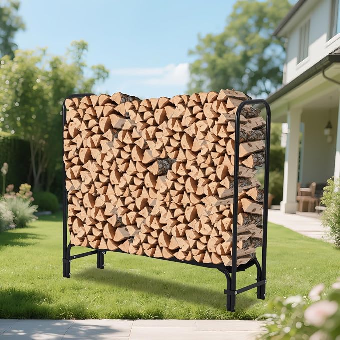 KYBOLT 4ft Firewood Rack Stand, Heavy Duty Wood Rack Keep Firewood Organized, Firewood Holder Organizer with 2000lbs Load Capacity, Black