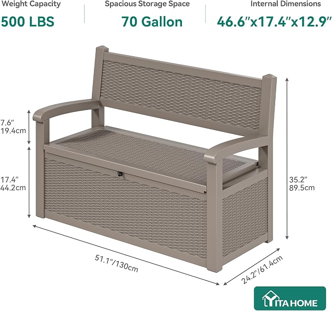 YITAHOME 70 Gallon Deck Bench with Storage | Outdoor Storage Box Bench with Armrests for Patio Garden Pool Porch , Waterproof&Lockable, Light Brown