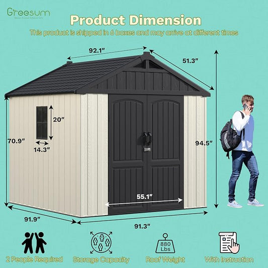Greesum 8x8FT Plastic Shed, Easy-to-Assemble Resin Shed for Yard, Beige | 35% Fewer Screws for Fast Setup | Eco-Friendly HDPE | Kick-it Easy Assembly | Lockable Door with Adjustable Windows