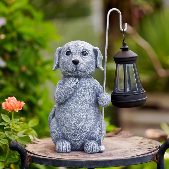 Qeeman Solar Dog for Garden Decor: Weatherproof Resin Statues | Warm Glow Lantern Outdoor Decoractions for Yard Pathway Patio Porch Balcony Front, Gifts for Mom Grandma Lovers