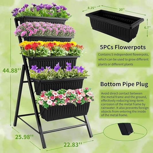 Homdox 2 Pack Vertical Garden Bed, 5 Tiers Vertical Raised Garden Planter, 23 * 26 * 45Inch Outdoor Garden Raised Bed with 4 Hooks, Vegetable Flower Planter Raised Stand for Garden Patio Yard, Black