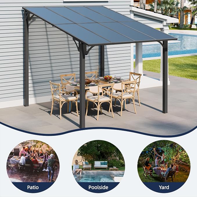 JY QAQA 8x10FT Outdoor Pergola, Gazebo Pergola with Sloped Roof, Large Wall Mounted Heavy Duty Awning for Patio, Deck, Backyard Outdoor pergola