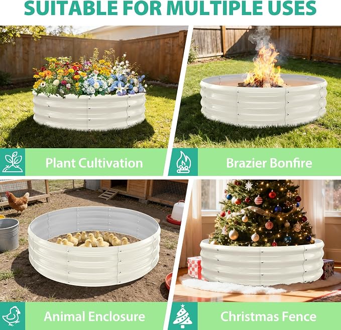 12 Inch Tall 48 Inch Diameter Round White Raised Garden Bed Kits Outdoor | 1 FT Tall,4 FT Planter Bed for Flowers,Herbs,Vegetables,Trees,0.8MM Thick Galvanized Metal Painted,with Gloves,Tool free