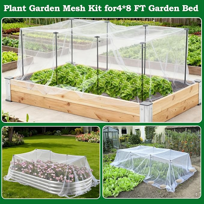 Metal Garden Netting Kit, 8 Pack 2.6ft Raised Garden Bed Net Support Stakes with 13×10ft Fine Mesh Insect Netting 16pcs Clips Bird Barrier Screen Cover for Protect Plant Vegetable Row from Animals Bug