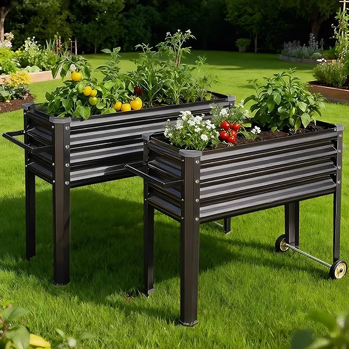 Land Guard 2 Pack Galvanized Raised Garden Bed with Legs & Wheels, 36×12×32in Metal Elevated Raised Planter Box for Backyard, Patio, Balcony, 300lb Capacity, Dark Grey