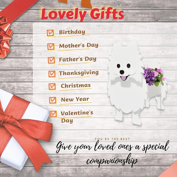 White Pomeranian Dog Planter Pots, 9.45 x 6.65 x 12.13 Inches | Dog Flower Pot, Cute Animal Shaped Plant Pot, Gifts for Women & Pet Lovers, Indoor Outdoor Garden Home Office Decor