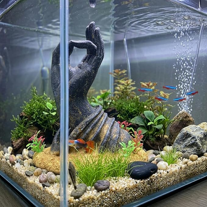 Fish Tank Decorations, Japanese Large Aquarium Decor Accessories with Buddha Hand, Bearded Dragon Hideout, Reptile & Amphibian Habitat Hideouts(Black Buddha Hand)