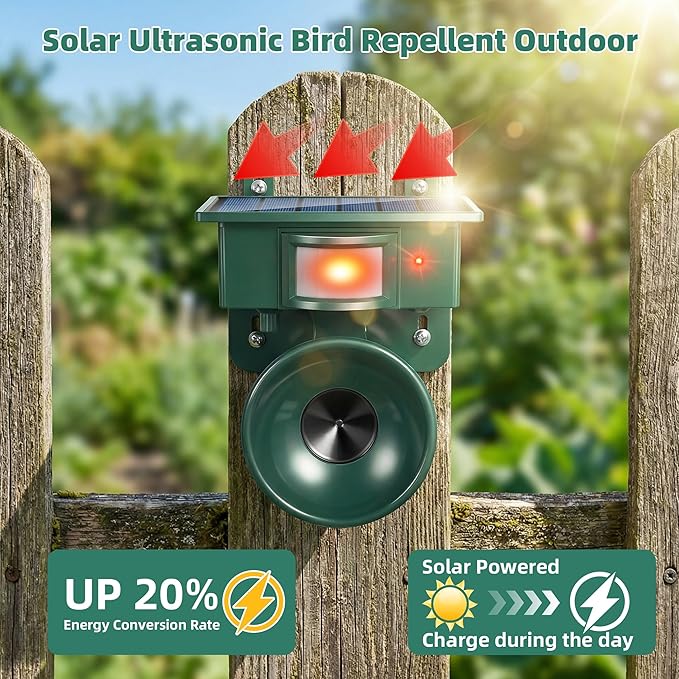 2026 Solar Ultrasonic Bird Repellent Devices Outdoor,Best Bird Deterrent for Pool,Pigeon Repellent for Balcony,Keep Crows Sparrows Starlings Out of Fruit Trees,Swimming Pool,Patio,Roof (2 Pack)