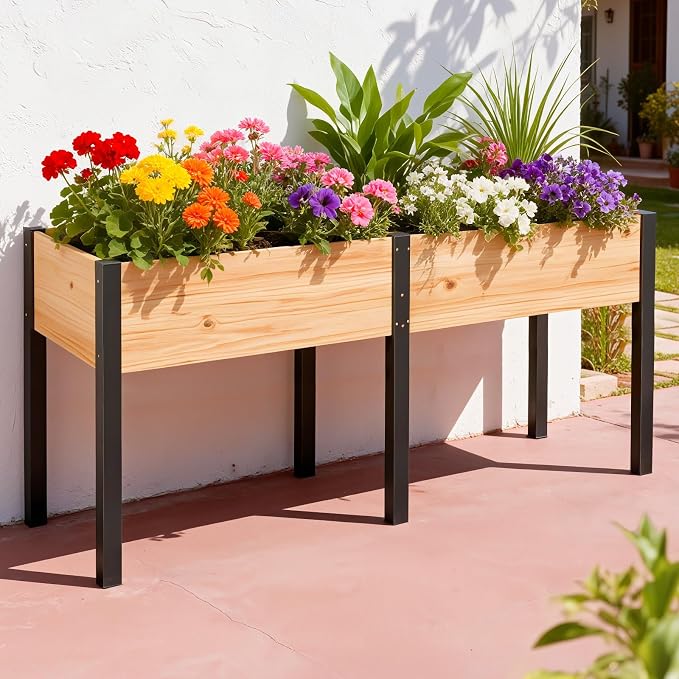 SUNYRISY Dual Wooden Raised Garden Bed Outdoor with Metal Legs for Gardening, 71" L x 23.6" W x 31.5" Elevated Planter Garden Box Raised Bed for Vegetable Flower Herb