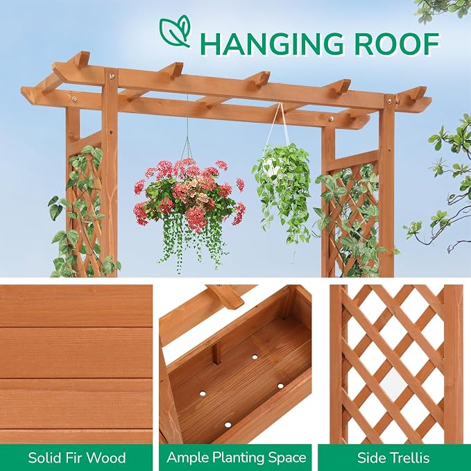 Vasitelan Raised Garden Bed with Trellis, Wooden Elevated Planter Box w/Drainage Holes & Removable Bottom Panels for Climbing Vine Flower, Indoor Outdoor Wood Planter for Yard Patio (Wood Color)