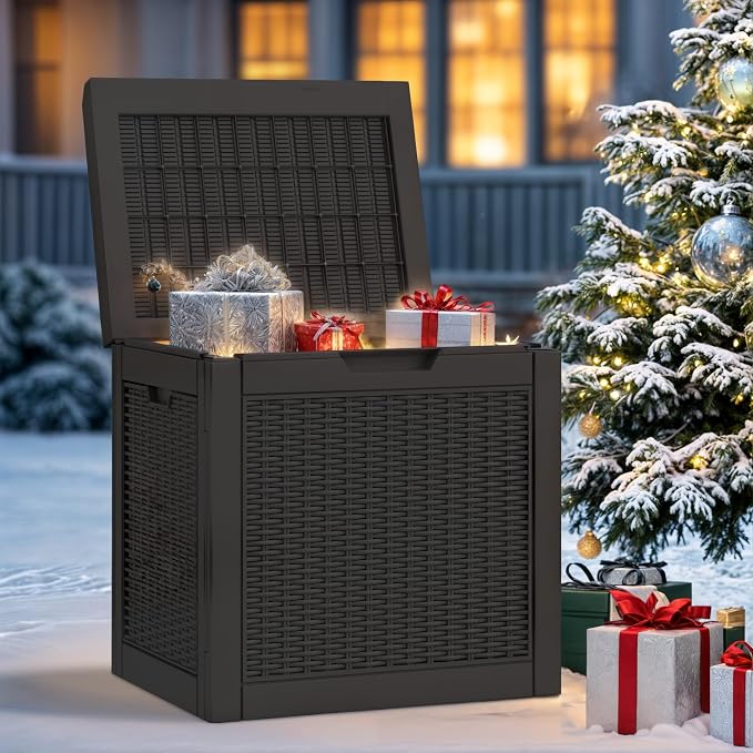 YITAHOME 32 Gallon Rattan Deck Box | Indoor Outdoor Storage Box for Patio Furniture, Pool Accessories, Cushions, Garden Tools, Sports Equipment, Waterproof Resin
