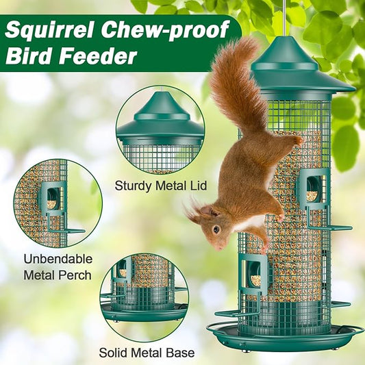 Metal Bird Feeder for Outdoors Hanging, Chew Resistant Design | 2lb large capacity, 4-port mesh tube, easy-refill 4.5" wide opening, all-weather rust-resistant feeder for cardinals, finches