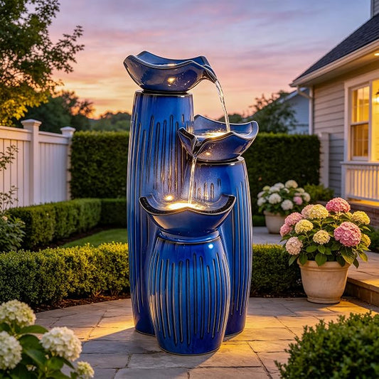 Autodaya 30"H Ceramic Water Fountain Outdoor, 3-Tier Geometric Lotus Design | Patio Fountain with Fluted Texture, Relaxing Cascading Waterfalls, Modern Water Feature for Garden Lawn Porch Yard Art Decor