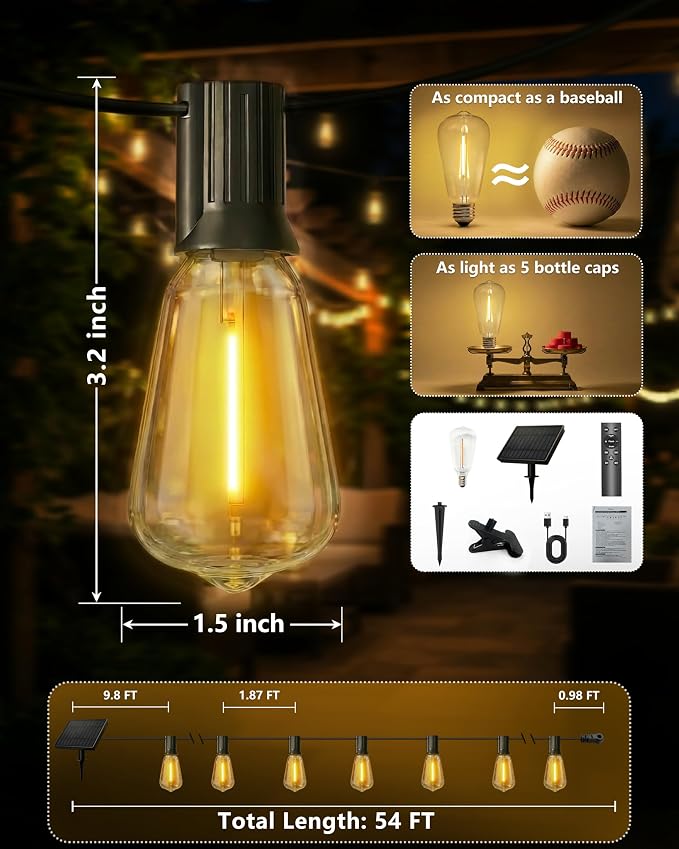 Solar String Lights Outdoor, 54FT(24+1) Patio Lights Waterproof with Remote & USB Port, Dimmable & Timer & 3 Light Modes, ST38 LED Solar Lights for Camping, Backyard, Deck, Garden (2700K)