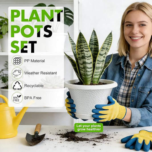 Quarut 12 Inch Plant Pot,4 Pack Large pots for Plants,Flower Pots with Drainage Hole & Saucer,Modern Planters for Indoor Outdoor Plants,Decorative Resin Garden Pots,White