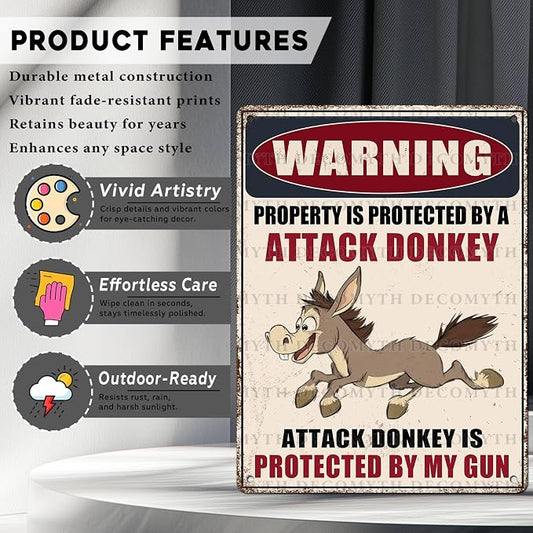 Metal Tin Sign Vintage Retro Wall Decor Warning Beware of Donkey Property Is Protected By a Attack Donkey Funny Tin Sign for Home Backyard Garden Patio 12 * 16inch