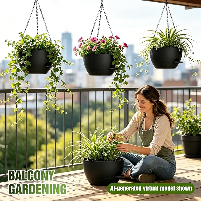 10 Inch Self-Watering Hanging Planters Set of 3 with Saucers | Set of 3 10-inch self-watering hanging planters with extra growing space, side-fill ports, chain hangers & snap-on saucers