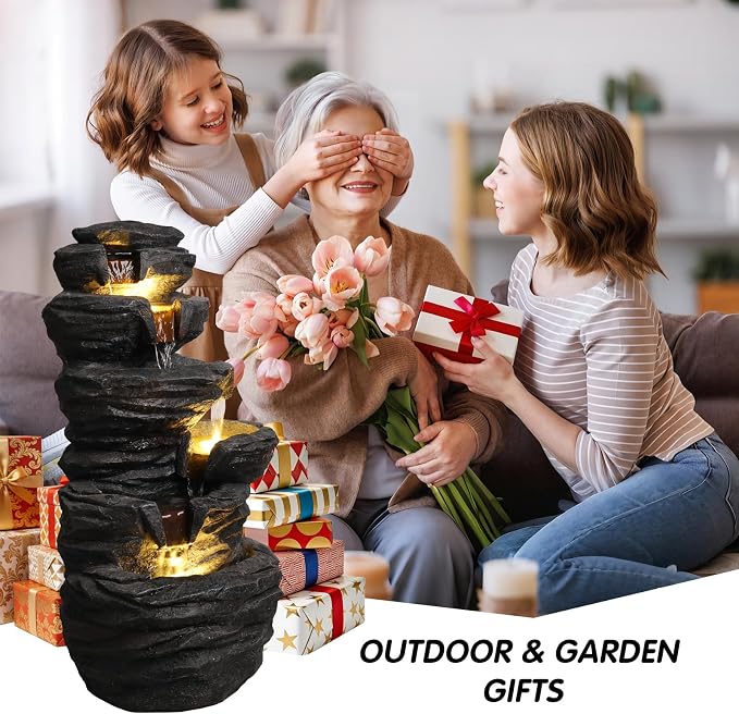 25.6" Outdoor Rock Water Fountain, Garden Water Feature, Outdoor Fountain with LED Lights, Multi Tier Cascading freestanding Water Fountain, Suitable for Patio Yard Porch Landscape, Black