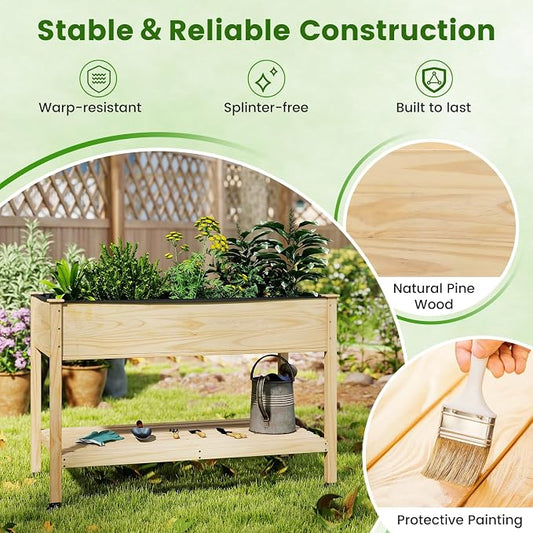 S AFSTAR 2 Pieces Wooden Raised Garden Bed with Wheels, Elevated Planter Box with Legs, Storage Shelf, Liner & Drainage Holes, Indoor Outdoor Patio Gardening Box for Vegetable, Flower & Herb