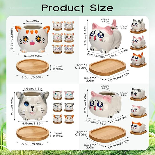 Cindeer 18 Pcs 2.5 Inch Cat Ceramic Succulent Planter Pots – Cute Cat Small Pots with Drainage Hole and Bamboo Tray for Succulents, Cactus, Home Garden Office Desk Decoration Gift Ideas