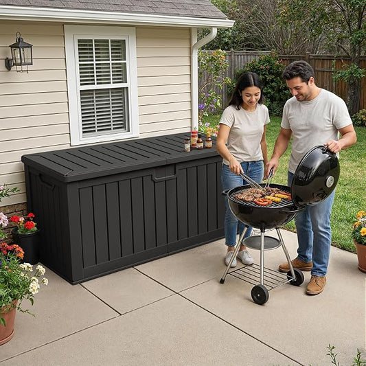 240 Gallon HDPE Deck Box Outdoor Indoor Waterproof Storage Box for Patio Furniture, Pool Accessories, Garden Tools, and Cushion Storage, Black