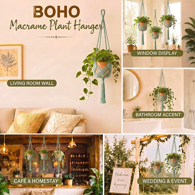 Shappy 1 Pack Boho Macrame Plant Hanger, Large Hanging Planter Plant Holder Pot Hanger Hanging Basket Wall Planters, Plants Lover Gift for Indoor Garden (Diamond Knot Macrame,Sage Green)