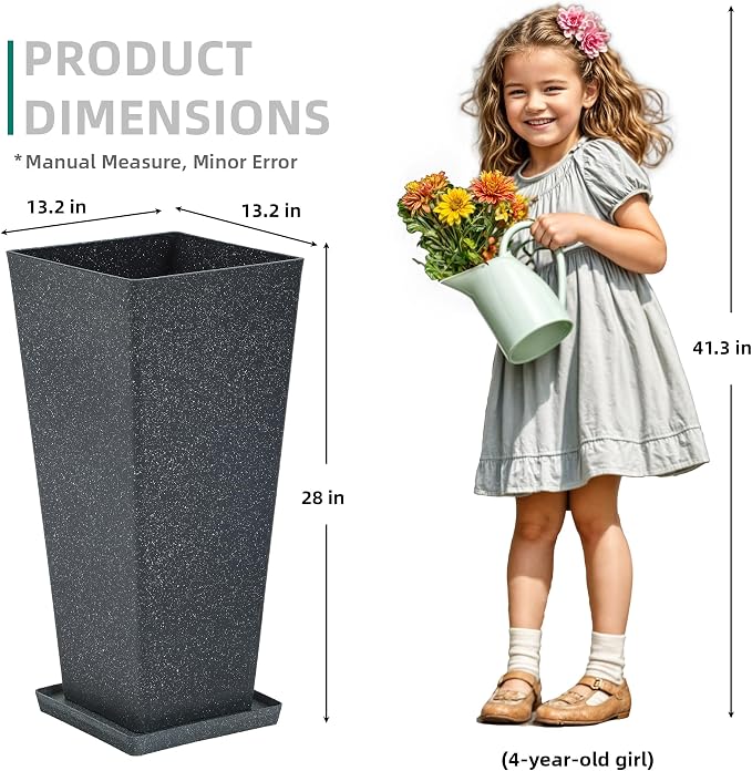 Autodaya 28" Oversized Black Terrazzo-Look PP Tall Planters Set of 2 | Lightweight PP Pots With Drainage Hole for Indoor and Outdoor Plants, Patio, Garden, Porch, Living Room, or Gifting