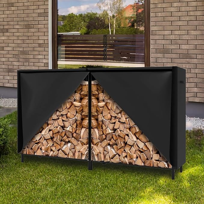 8Ft Firewood Rack Cover with Zipper & Adhesive Closing Strips, Heavy Duty Black 600D Polyester Oxford, Waterproof, Windproof, and Sun-Protective, Rack Not Included