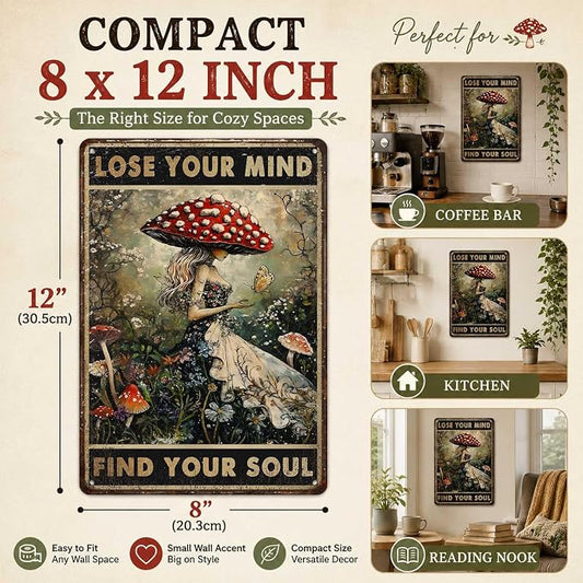 PEACHGARDEN Vintage Mushroom Kitchen Decor Lose Your Mind Find Your Soul Metal Tin Sign Whimsigoth Wall Art Cottagecore Witchy Room Aesthetic For Home Coffee Bar Botanical Bohemian Gift 8x12 Inch