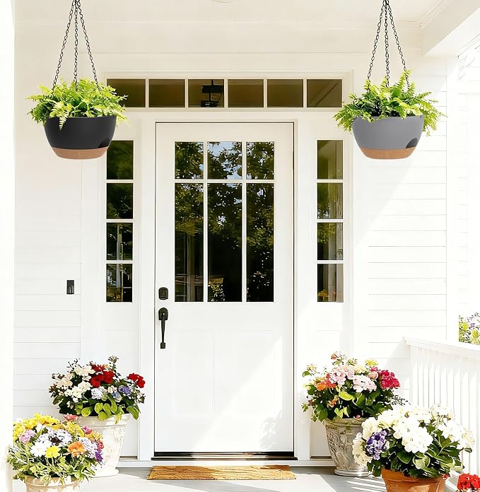 8 Inch Hanging Planters for Indoor Outdoor Plants, 4 Pack Plastic Self Watering Hanging Baskets with Drainage Holes and Chain for Garden Porch