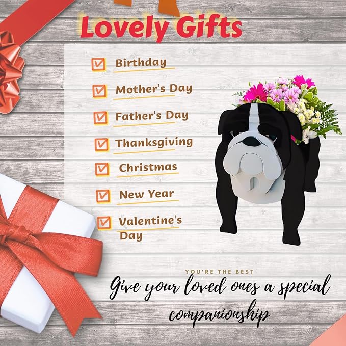 Black English Bulldog Dog Planter Pots, 9.45 x 7.48 x 10.63 Inches | Dog Flower Pot, Cute Animal Shaped Plant Pot, Gifts for Women & Pet Lovers, Indoor Outdoor Garden Home Office Decor