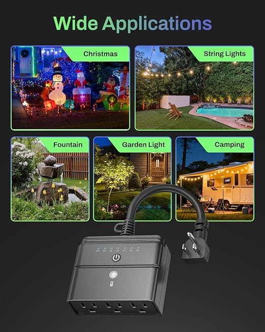 BN-LINK Outdoor Light Timer, Waterproof Plug-in Dusk-to-Dawn Controller with 3 Grounded Outlets for Christmas & Halloween String Lights, 15A 1/2HP, ETL Listed