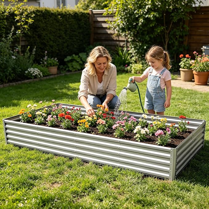 Galvanized Raised Garden Bed 8x4x1 ft(2 Pack),Outdoor Planter Box Metal Patio Kit Planting Bed for Vegetables Flowers and Succulents,Silver