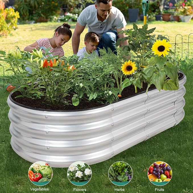 Galvanized Raised Garden Bed - 4×2×1ft (2 Packs) Planter Raised Beds for Gardening | Oval Metal Garden Planter Box with Safety Edging and Gloves for Vegetables Fruits and Flower - Silver