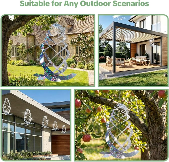 OFFO Bird Reflectors, 9.8 inch Double-Sided Reflective Bird Scare Devices with Stainless Steel Hook, Spiral Reflectors Outdoor Garden Decor for Tree Patio Farm Orchard Porch Pool Window, 8 PCS