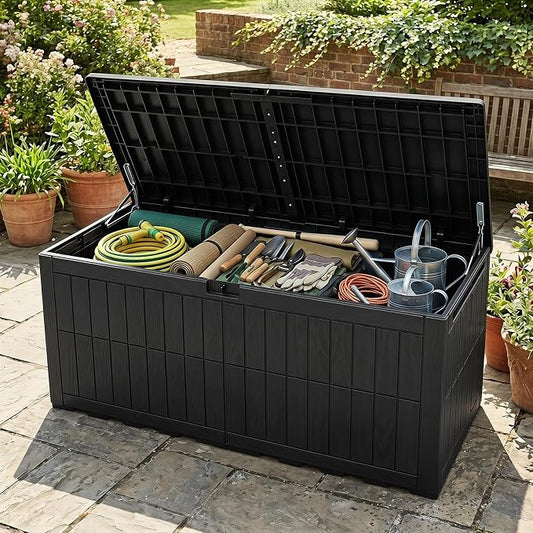 Tangkula 180 Gallon Outdoor Storage Box, Waterproof PP Resin Patio Storage Box with Lockable Lid for Indoor & Outdoor Use, 2-in-1 Rattan Design Deck Box for Cushions, Garden Tools