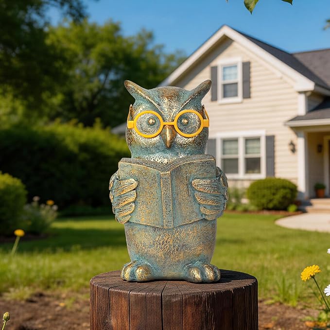 Reading Owl Statue with Solar Glasses Bronze Resin Garden Decoration Outdoor Figurine Light for Patio, Yard, Lawn, Housewarming Home Decor Gift for Women