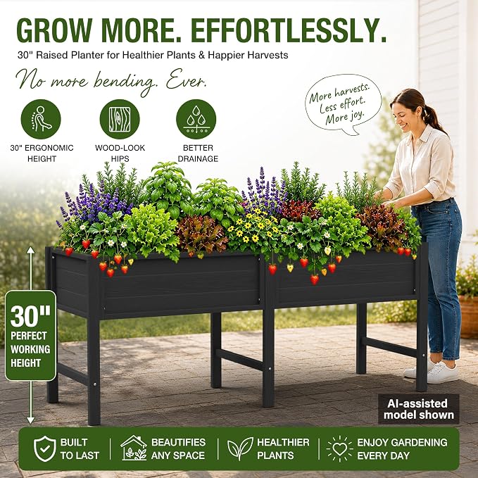 YEFU 72" Large Raised Garden Bed, Wood-Look HIPS 6ft Extra Large Bed, Black | Extra Large Garden Bed for Backyard Growing, 6ft Design, Wood-Look HIPS, Drainage, 770 lbs High Capacity Support