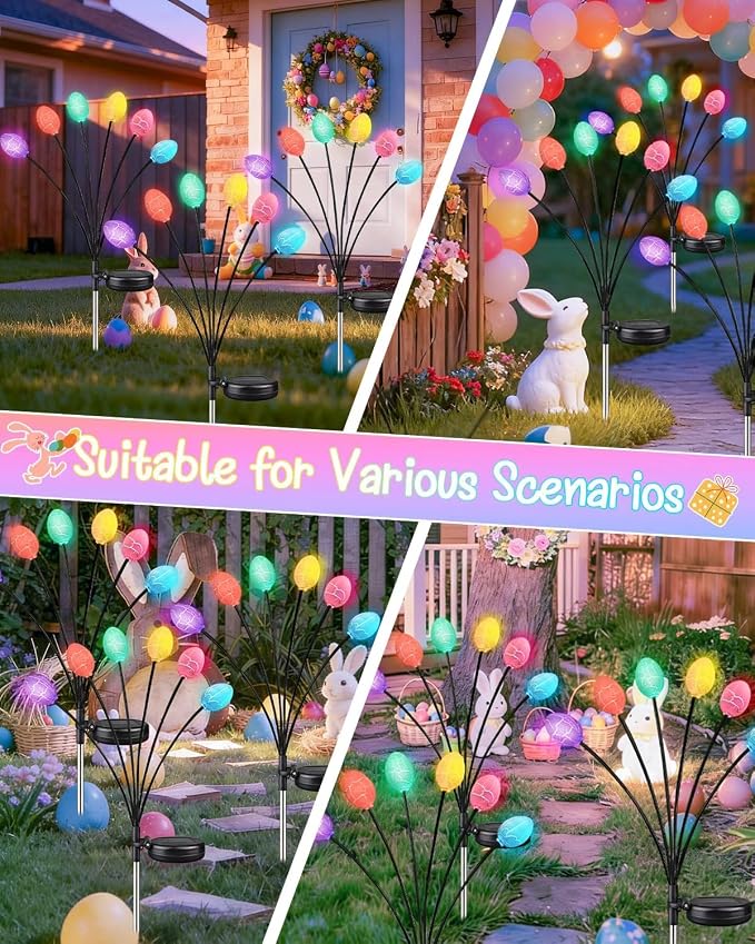 Upgraded 4 Pack Solar Easter Egg Lights Outdoor, Colorful Swaying Firefly Lights with 2 Lighting Modes, Waterproof Solar Pathway Lights for Spring Garden Lawn Yard Patio Porch Easter Decorations