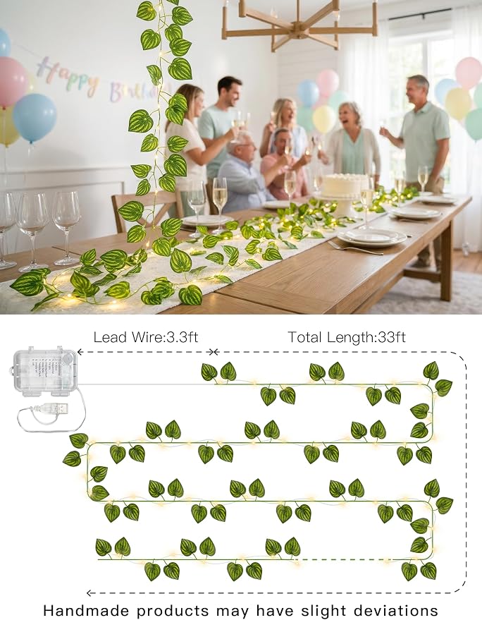 suddus Vines with Fairy Lights Battery & USB Powered Operated, 33ft 100 LED Watermelon Leaves String Lights with Remote, Artificial Plants for Indoor, Bedroom, Wedding, Wall, Party Decor(Warm White)