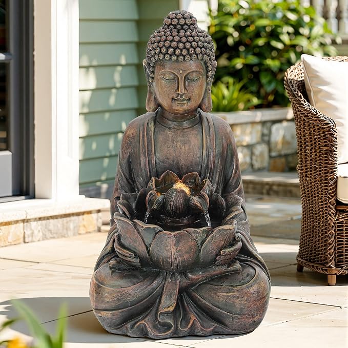 29" Zen Meditating Buddha Statue Outdoor Fountain with LED Lights | Zen Style Water Feature with Resin Lotus Soothing Cascading Waterfall for Patio, Backyard, Garden or Porch