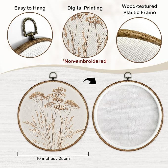 TLESKE Beige Vintage Botanical Round Wall Art Decor Framed 10x10, Boho Floral Wildflower Canvas Wall Art Prints Artwork, Fall Neutral Bohemian Wall Hanging Decor Decorations for Bedroom Living Room