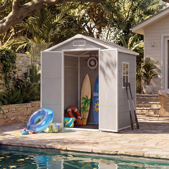 Outdoor Storage Shed with Floor, Plastic Resin Garden Shed with Window & Sloping Roof & Lockable Door for Patio Backyard Garden, Lawn Mower, Bike, Tool Storage (Light Gray, 6' x 4')