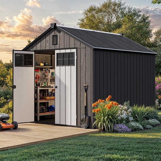 YITAHOME 8x10 FT Outdoor Storage Shed with Floor, Extra Thick Plastic Garden Shed for Bikes, Tools and Pool Supplies, Resin Storage Shed with Door Window Insert, Vents for Patio Backyard, Black
