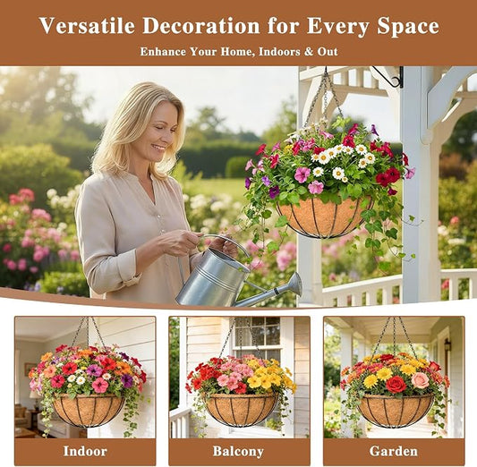 4 Pack Hanging Planter for Outdoor Plants 16 inch Metal Hanging Flower Basket with Coco Coir Liner Round Wire Plant Holder Chain Flower Pots Outdoor Garden Decoration Watering Hanging Baskets(XG)