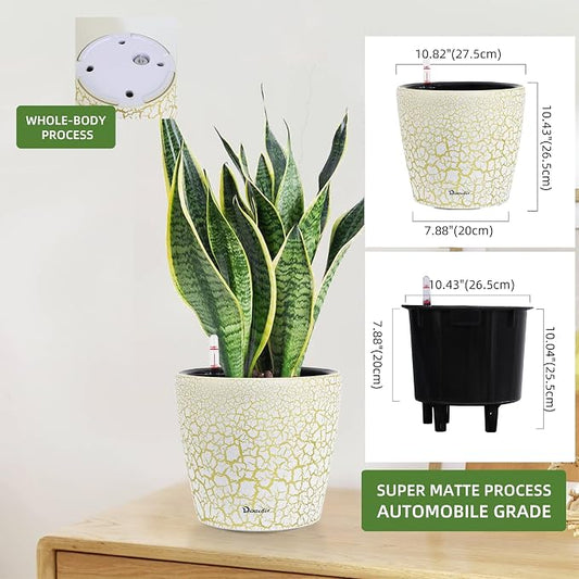 Dexceder 11x10 Self Watering Planter (White Gold Crackle) | Inner Pot Design, Thickened Table Flower Plant Pot with Water Level Indicator Indoor Outdoor