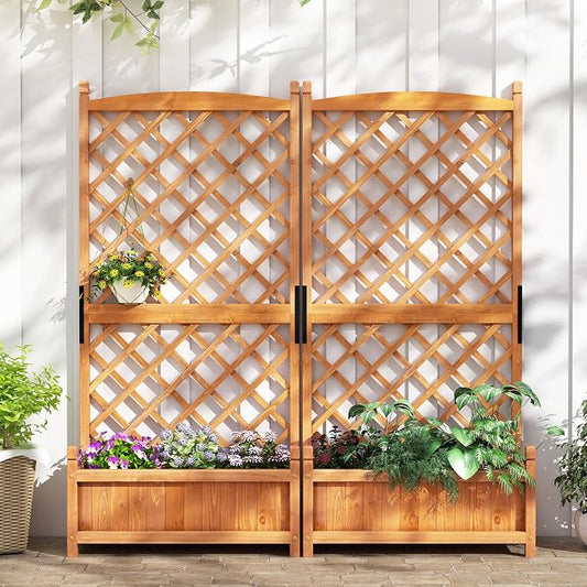 HAPPYGRILL Raised Garden Bed with Trellis, Large Planting Box w/Drainage Holes, 60” Wooden Garden Planter w/Diamond Lattice Trellis for Climbing Plants, Outdoor Planter Box for Patio (2, Orange)