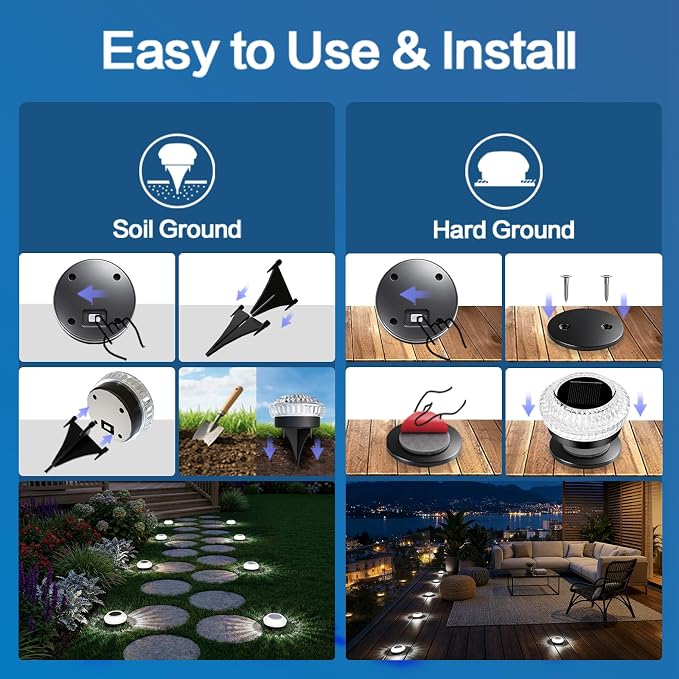 Solar Ground Lights Outdoor, 8 Pack Solar Driveway Dock Lights IP67 Waterproof Anti Glare Diamond Solar Garden Lights Landscape Lighting for Patio Yard Deck Walkway Pathway (Blue)