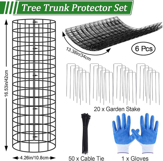 6Pcs Tree Trunk Protector, 16.5'' H Metal Mesh Tree Bark Protector with Zip Ties Metal Stakes and Gloves,Expandable Plant Trunk Guard Protectors for Deer Rabbit Rodents Mowers