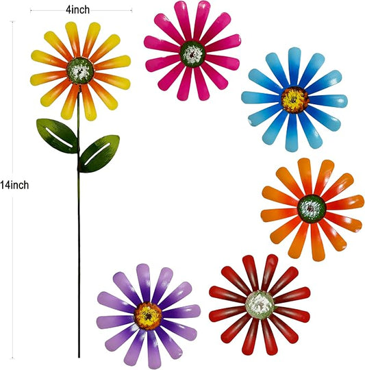 Metal Garden Flower Stakes, 6 Pack 14" Outdoor Decorative Yard Art with Bright Colors, Weather Resistant Flower Ornaments for Lawn Patio Pathway